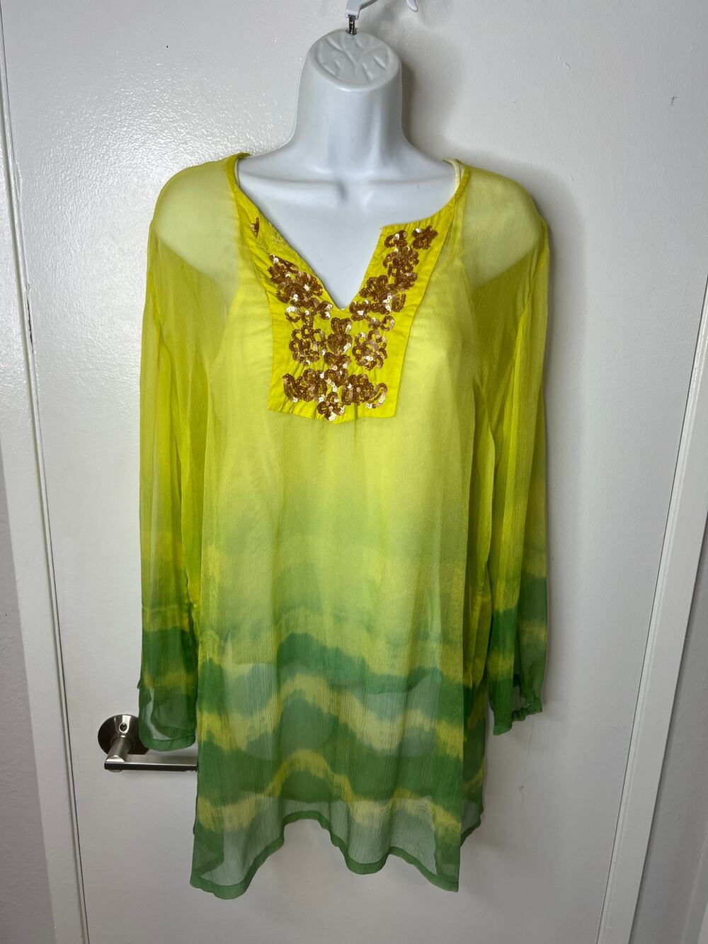 Karma Highway Women's Chiffon Tunic Blouse & Camisole Yellow Teal Ombre ~ Size M